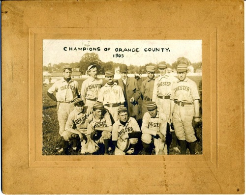 Champions of Orange County - 1905: Back row, left to right: Harry Littell, Mort Pierce, George Ryan, Charles (Charlie) A. Thompson, Bill O’Brien, Fred Murray, John Hunter. Front Row: Jerry Eagen, W. E. (Bill) Litell, William H. (Billy) Smith, Lou Fitzgerald. chs-006094